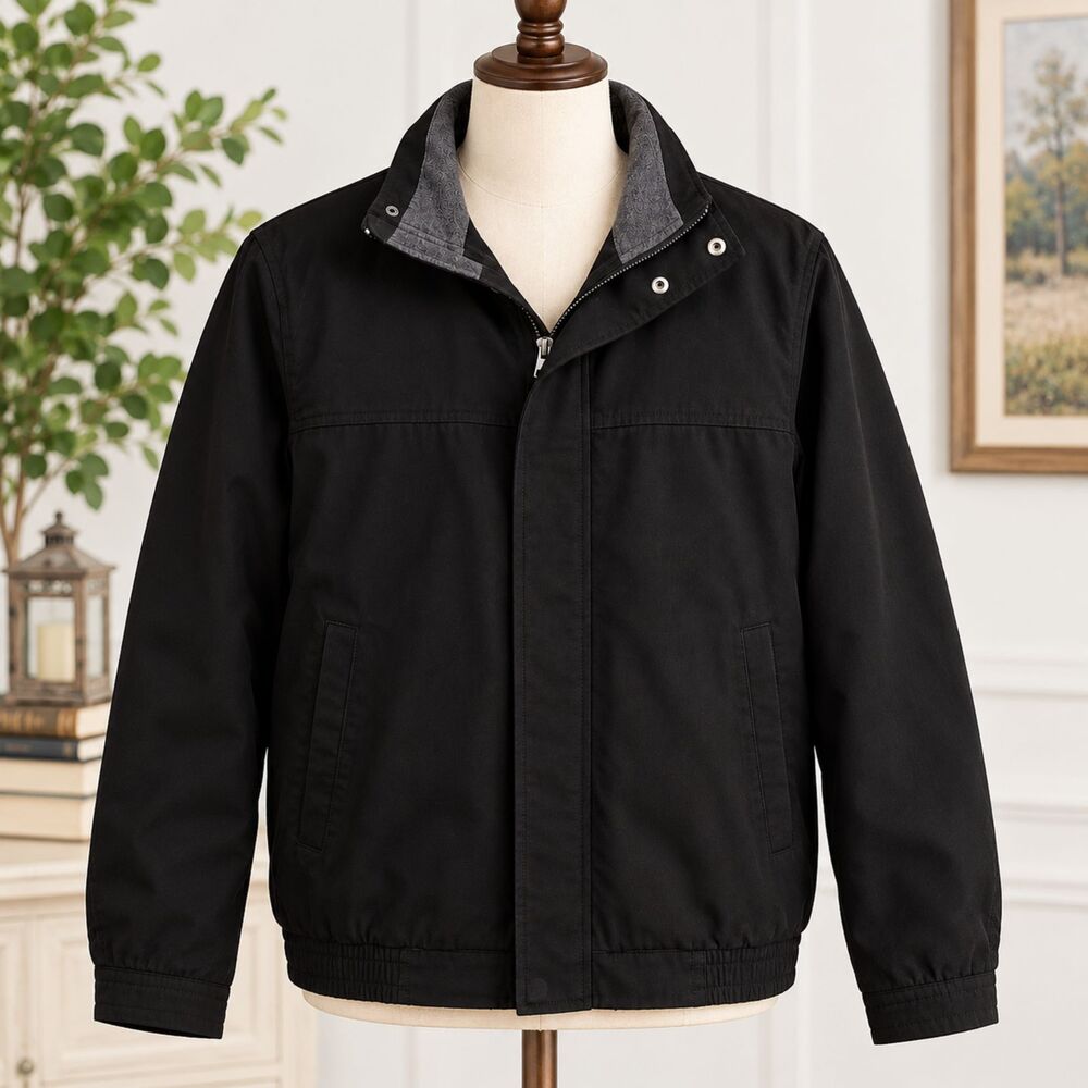 St. John's Bay Men's Black Jacket Size Large Zip Snap Front Lined Coat